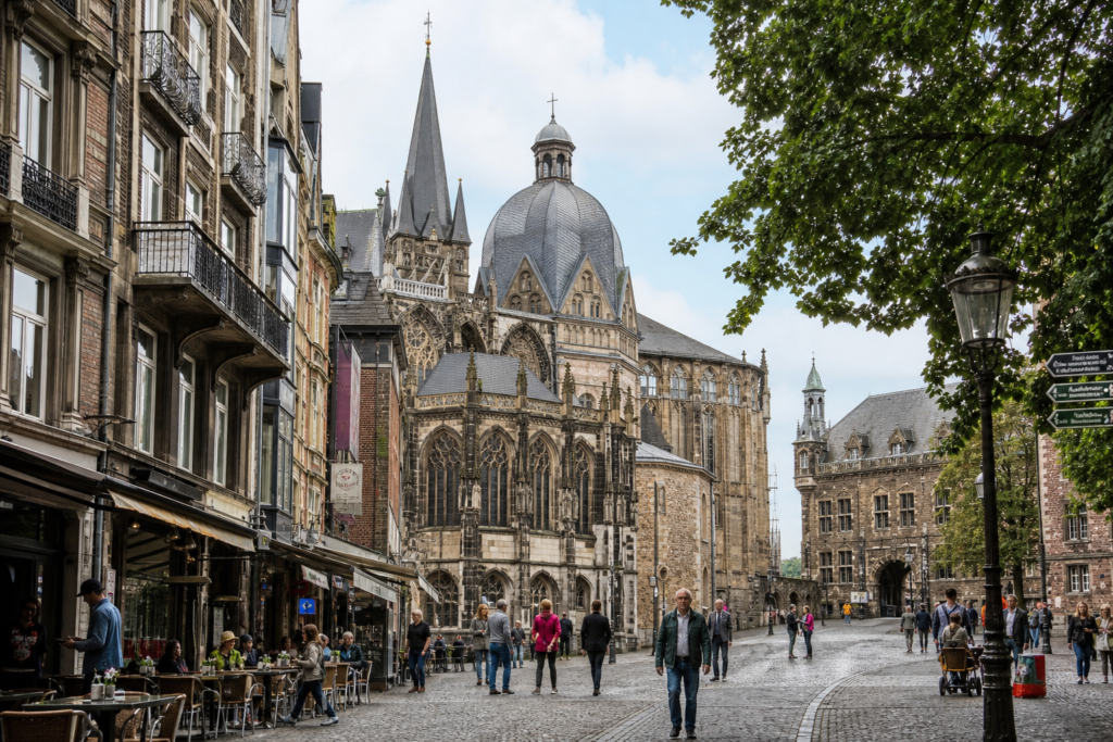 Aachen city centre with historic architecture and pedestrians