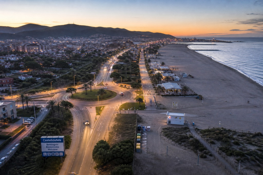 Aerial view of Castelldefels near Barcelona at sunset