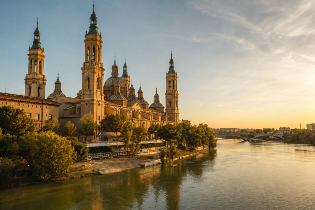 Basilica del Pilar and the Ebro River in Zaragoza at sunset