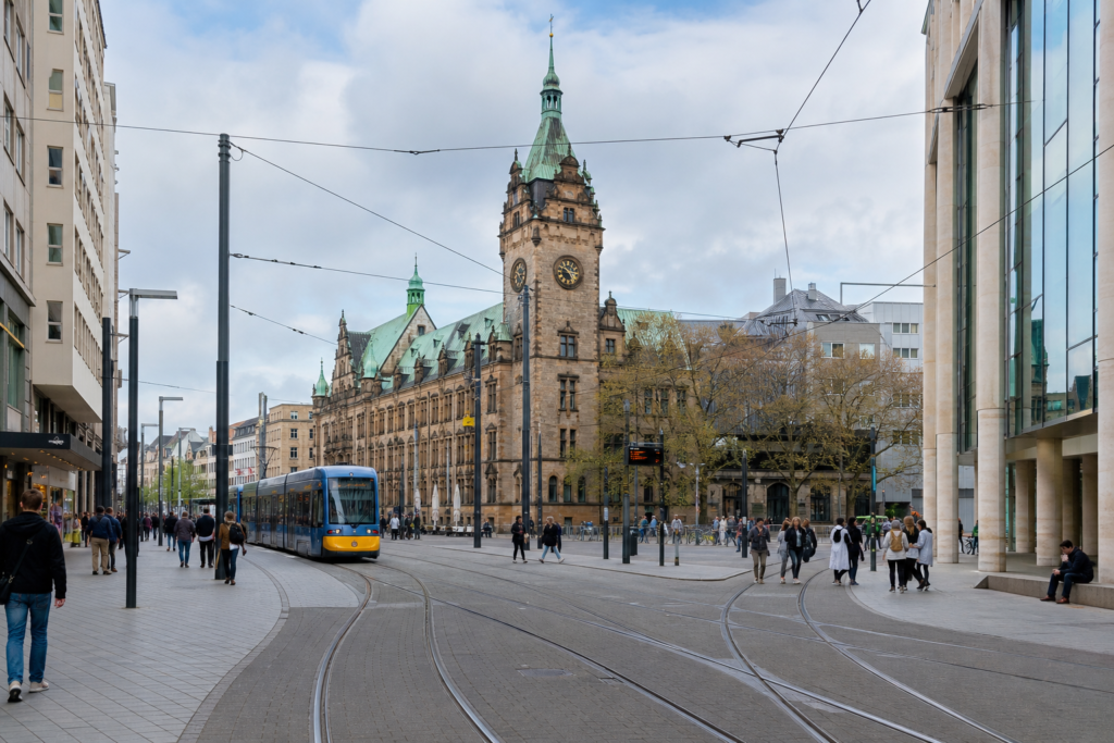 Chemnitz city centre with tram lines and pedestrians