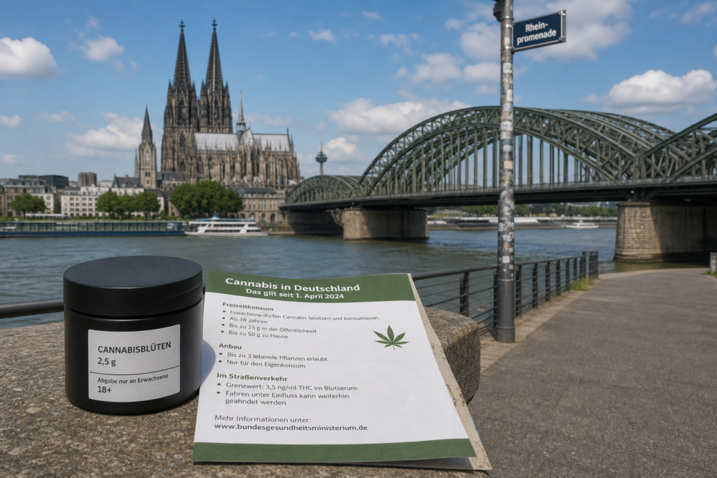 Cologne Cathedral and Rhine promenade illustrating Germany’s cannabis rules for adults