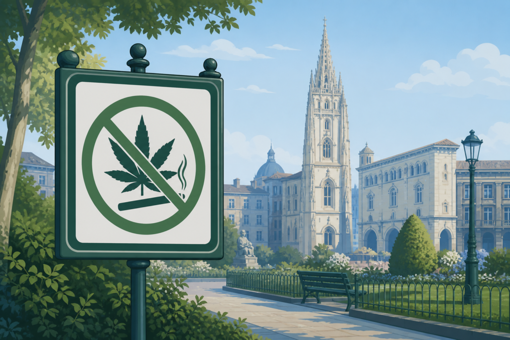 Conceptual illustration about public cannabis restrictions and Spanish law in Oviedo
