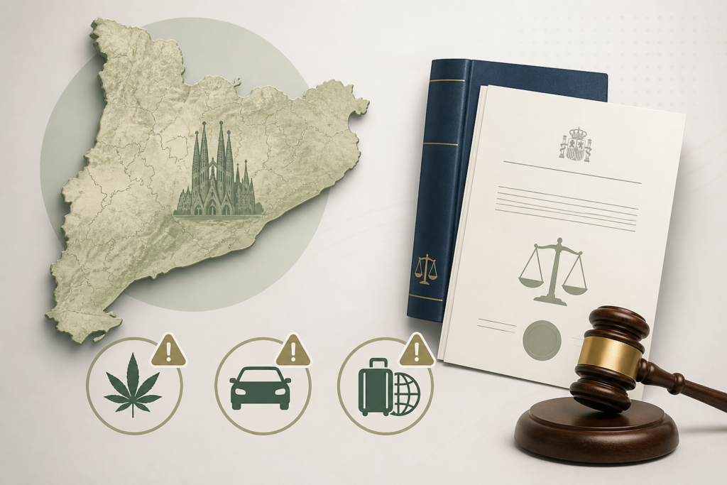 Editorial illustration of Spanish and Catalan cannabis-law risks involving public use, driving and travel