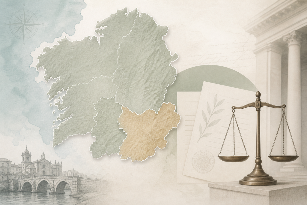 Editorial map of Galicia highlighting Ourense for a regional cannabis law travel guide