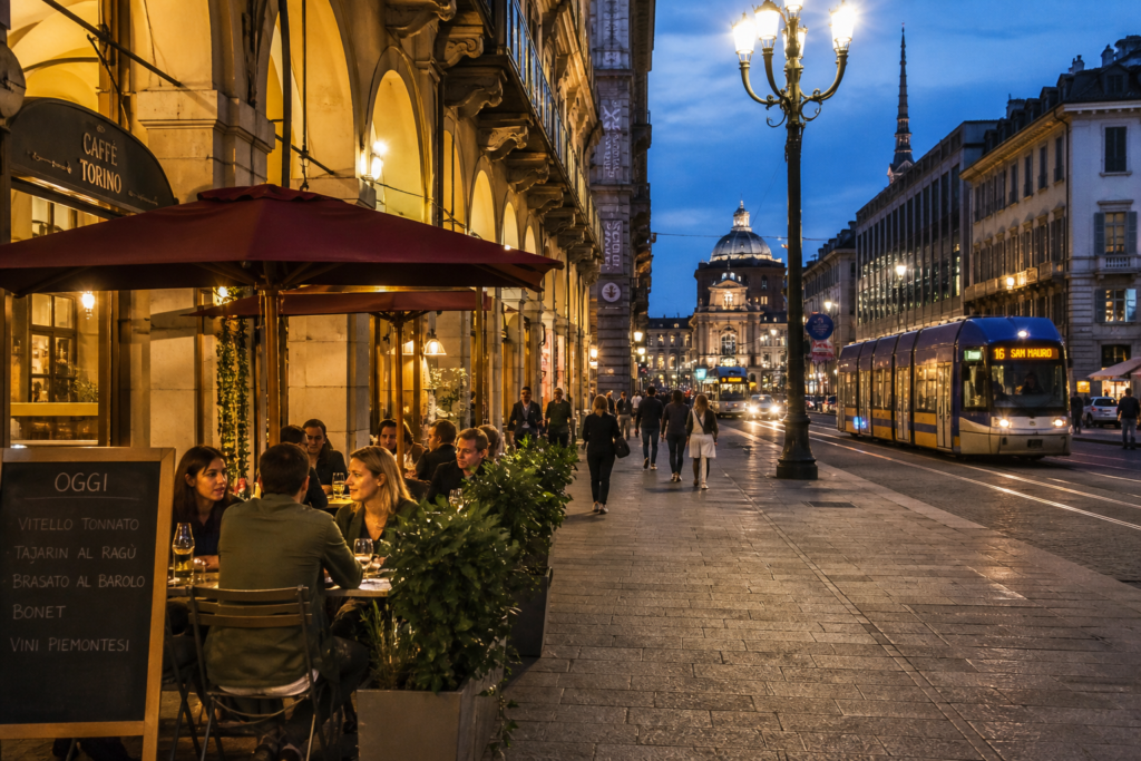 Evening cafés and tram in Turin’s historic centre