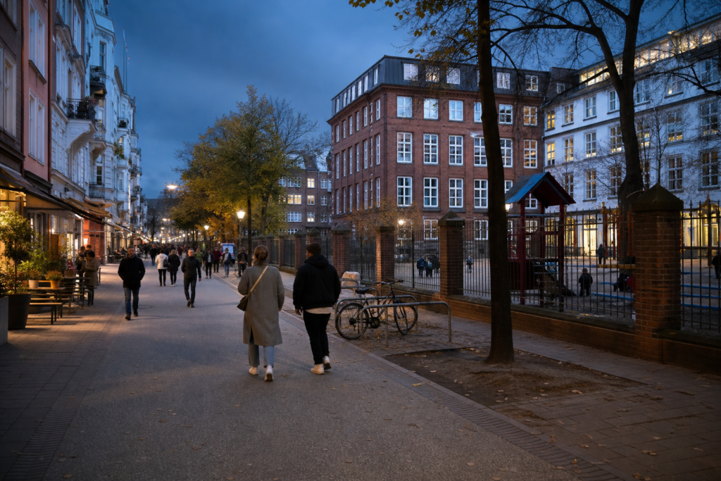 Hamburg pedestrian zone near a school and playground illustrating public consumption restrictions