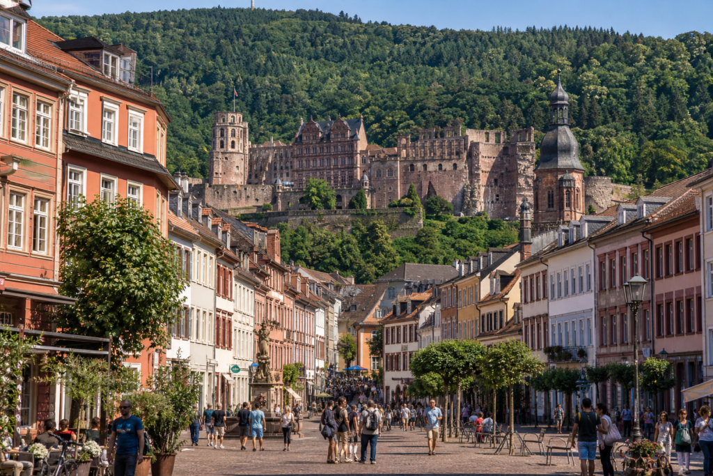 Heidelberg Old Town and pedestrian street with Heidelberg Castle in the background