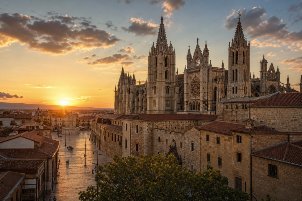 Historic León, Spain cityscape with the Cathedral and old town