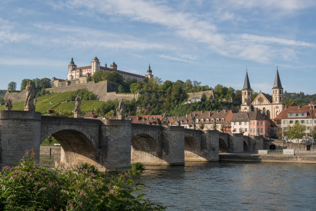 Historic Würzburg cityscape with the Old Main Bridge, Main River and Marienberg Fortress