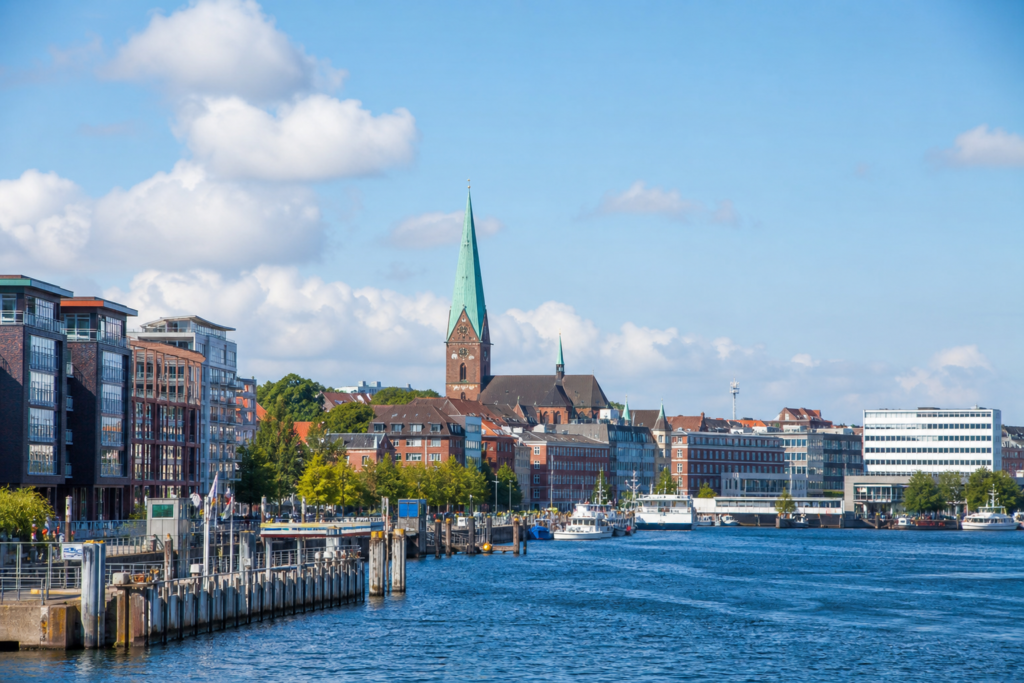 Kiel waterfront and city skyline in Germany for an article about cannabis laws
