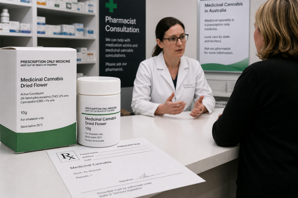 Lawfully labelled medicinal cannabis beside a prescription in a pharmacy setting