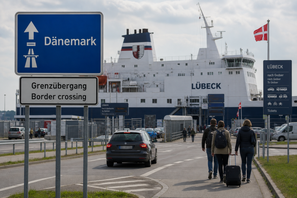 Lübeck ferry port and route toward Denmark illustrating cannabis border restrictions
