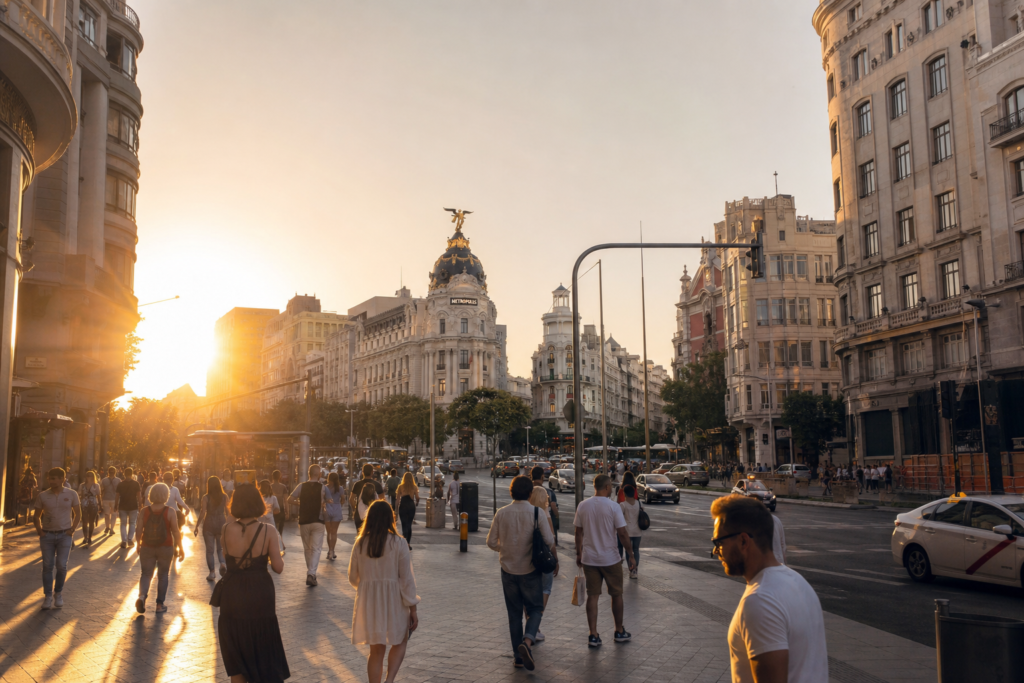 Madrid city street illustrating the distinction between private and public cannabis rules