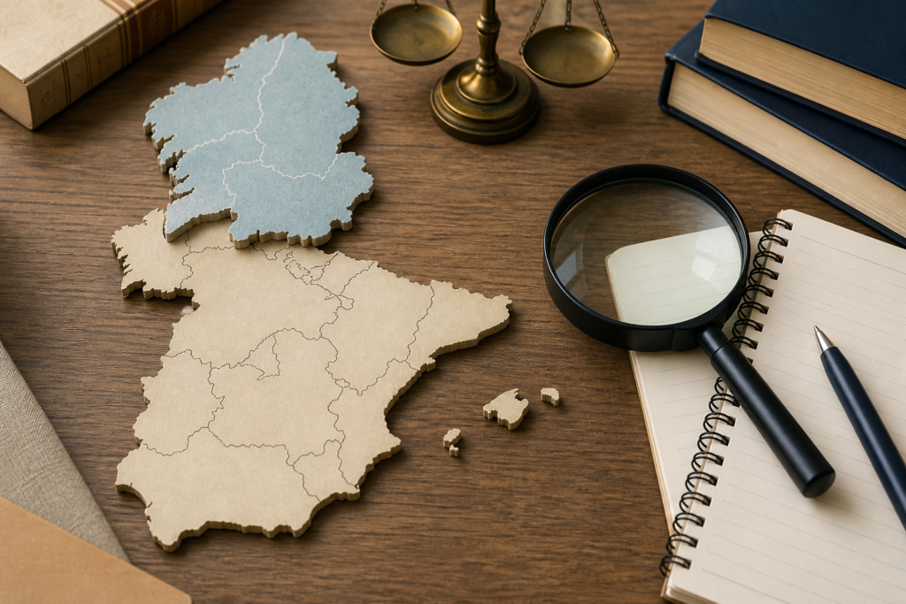 Map and legal documents representing Spanish cannabis law in Galicia