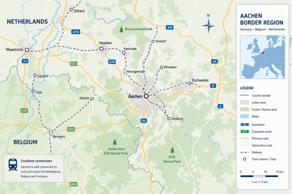 Map of Aachen near the German, Belgian and Dutch borders