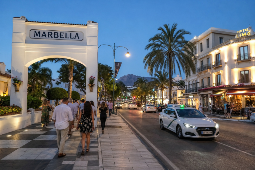 Marbella nightlife street with taxis and pedestrians