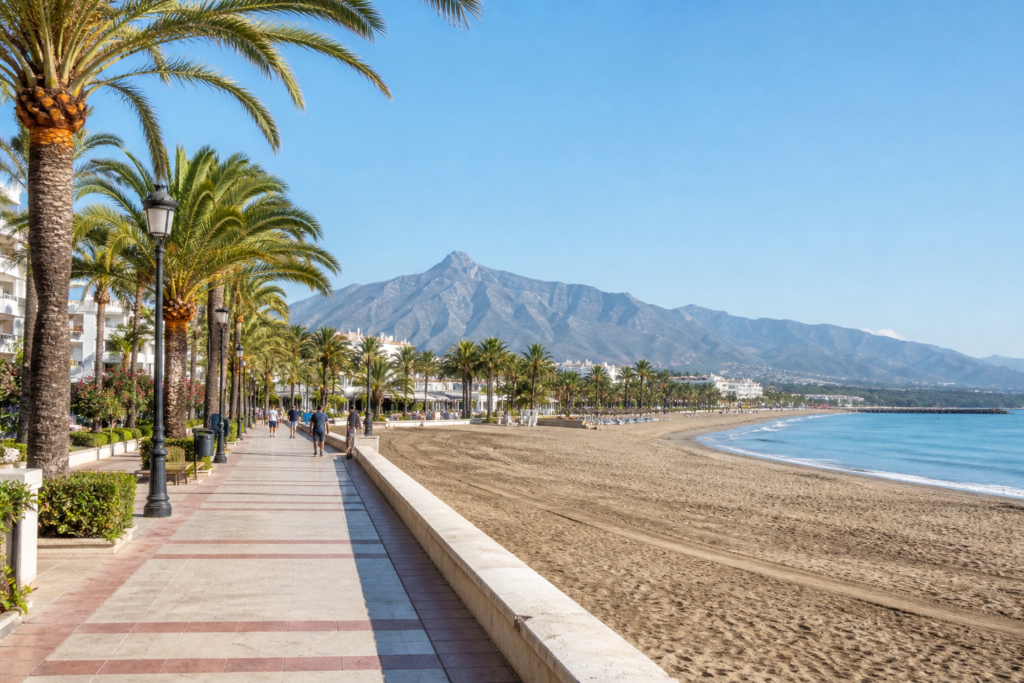 Marbella promenade and Mediterranean beach on the Costa del Sol