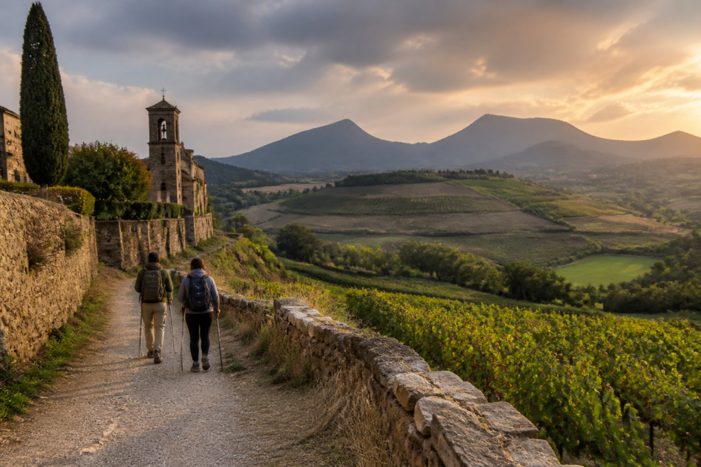 Navarra countryside trail with vineyards and historic stone architecture