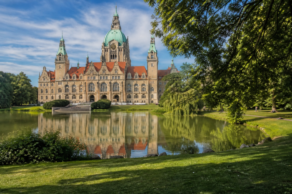 Neues Rathaus and an urban park in Hanover, Germany, for a guide to local cannabis laws