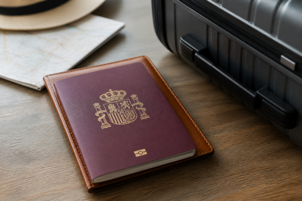 Passport and suitcase representing travel rules for cannabis in Spain