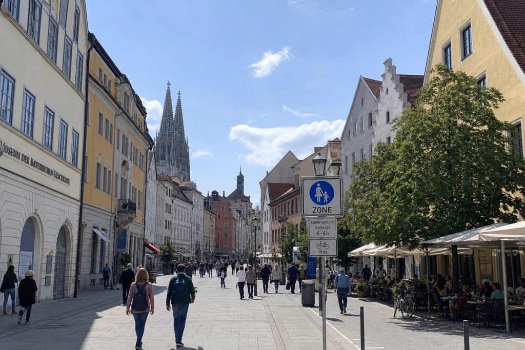 Pedestrian street in Regensburg illustrating public cannabis restrictions