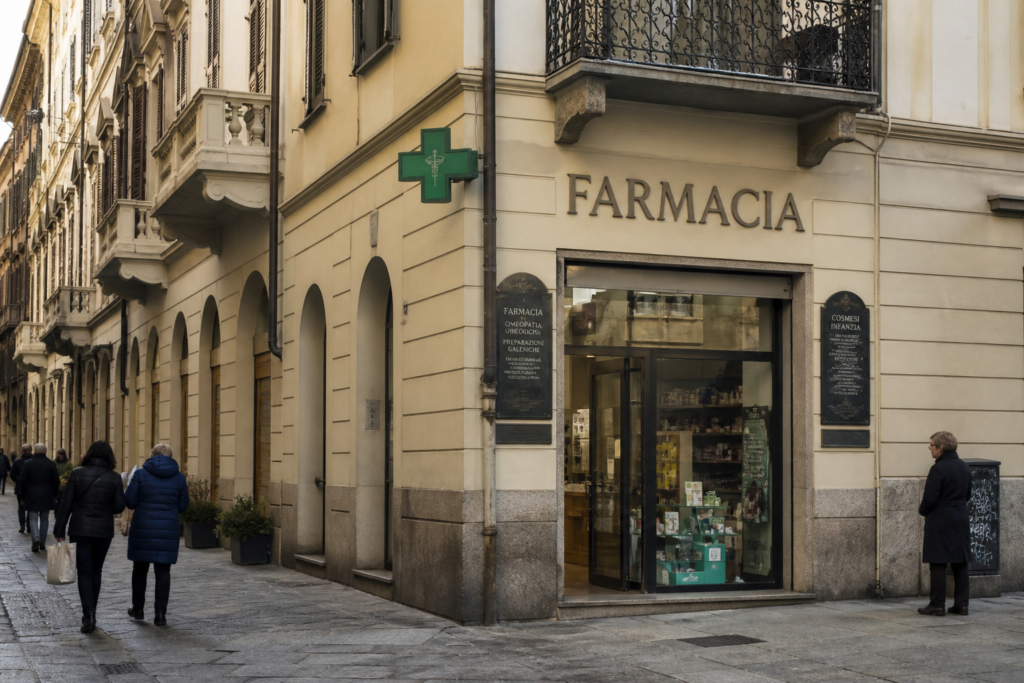 Pharmacy street scene in Turin, Italy