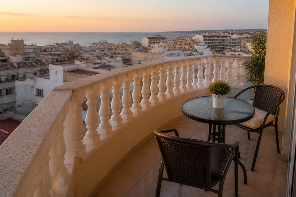 Private holiday apartment balcony overlooking the Torrevieja coastline