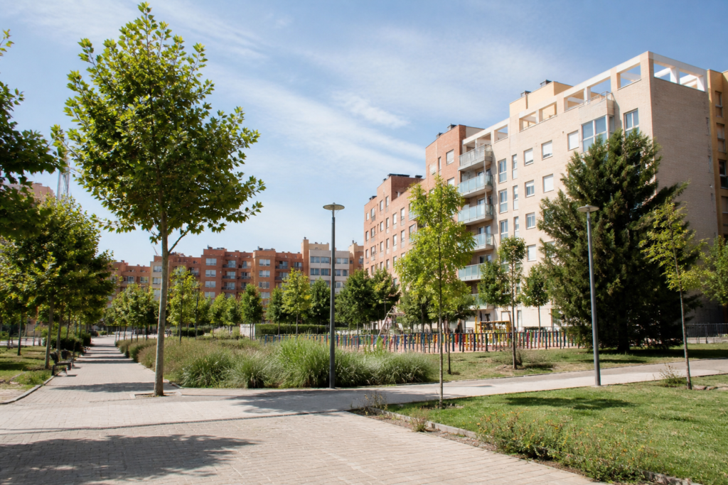 Quiet residential streets and park in Rivas-Vaciamadrid near Madrid