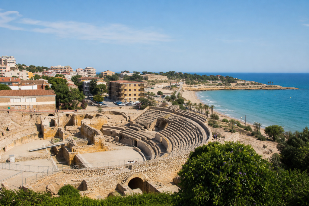 Roman amphitheatre and Mediterranean coastline in Tarragona, Spain