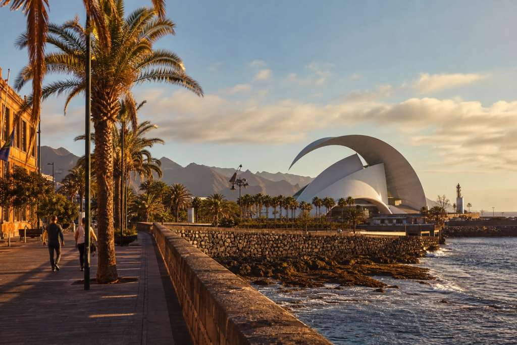 Santa Cruz de Tenerife waterfront and Auditorio de Tenerife at sunset