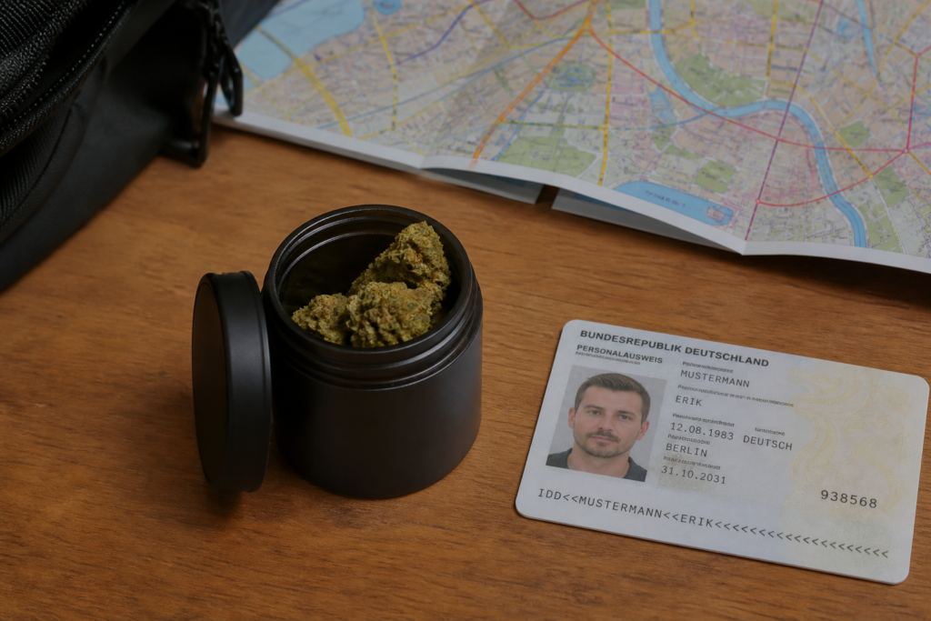 Sealed cannabis container and travel documents illustrating German possession rules