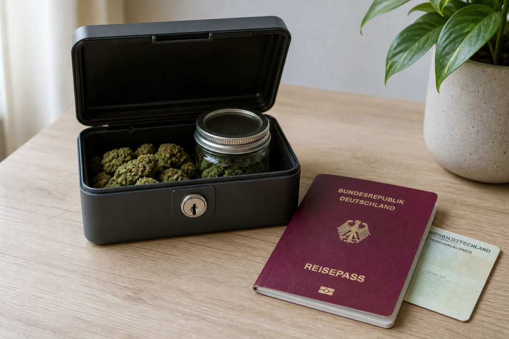 Secure home storage container and travel documents for cannabis law information