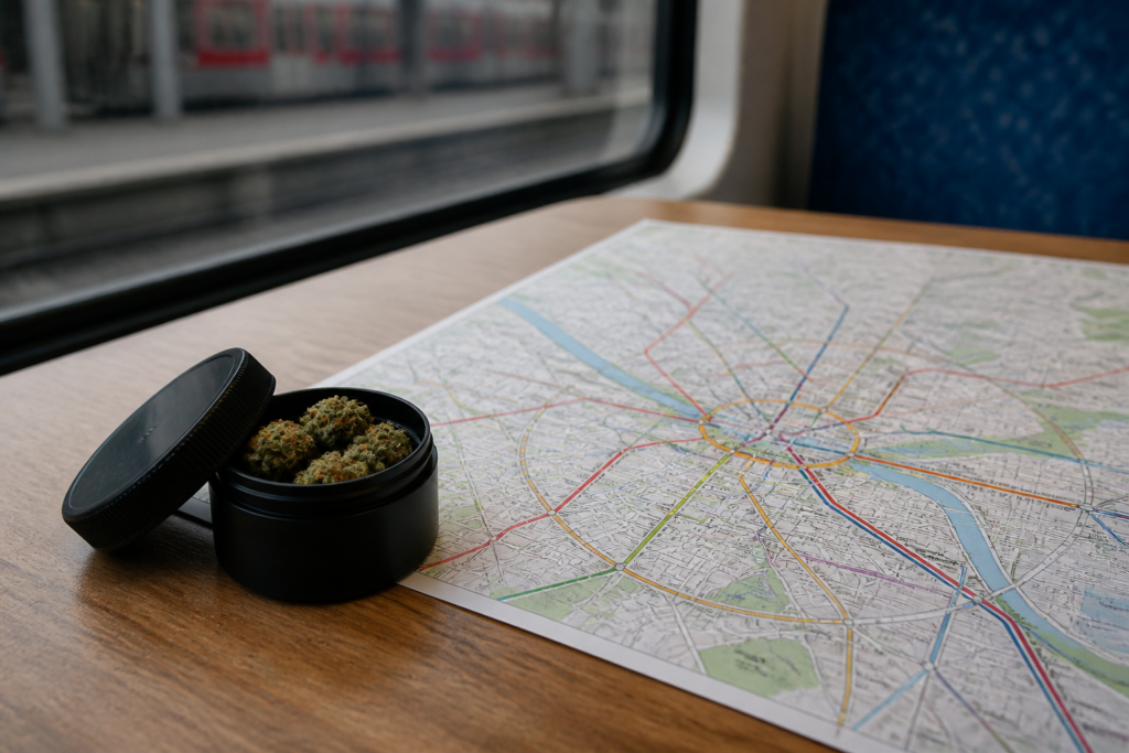 Secure personal cannabis storage beside a Nuremberg transit map