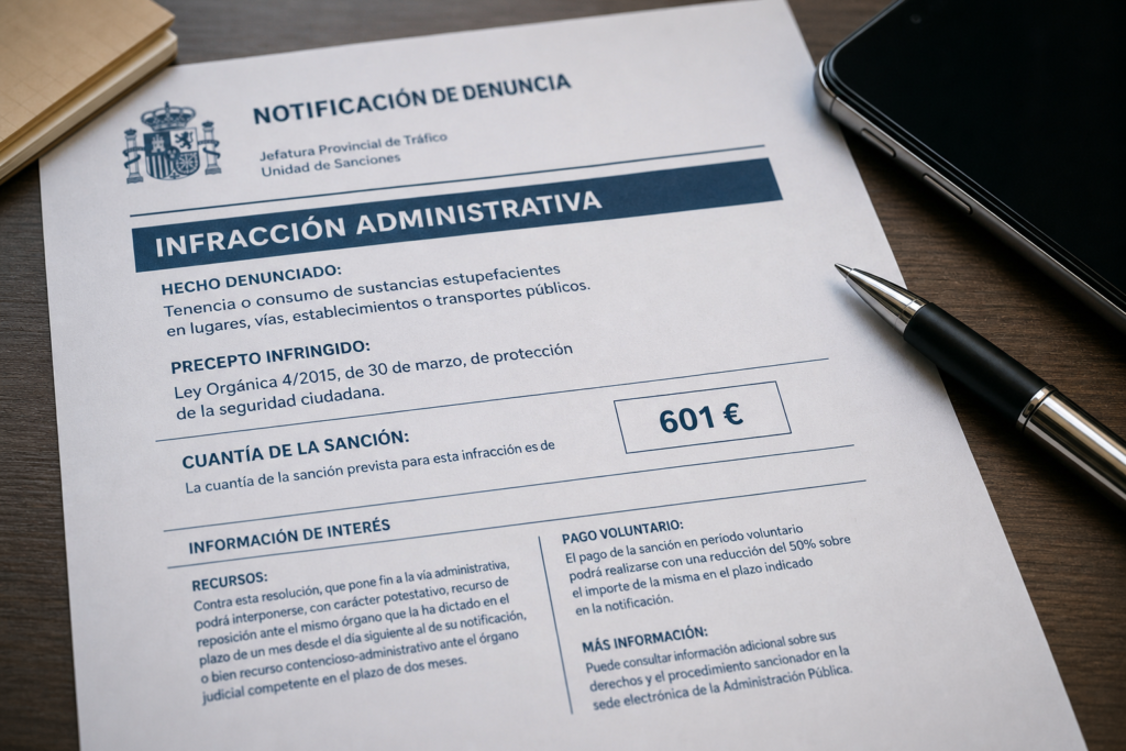 Spanish administrative notice and phone representing cannabis possession fines and legal advice