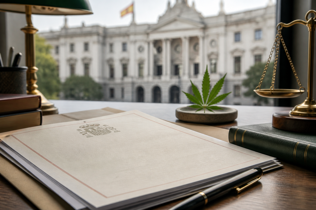 Spanish cannabis law concept with legal documents and courthouse setting