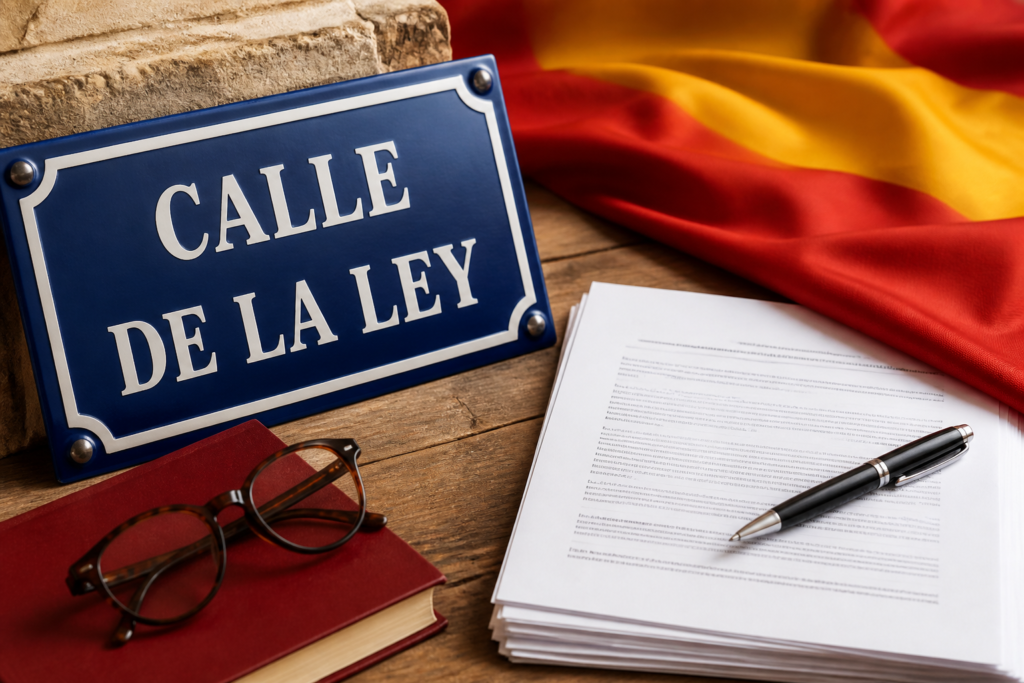 Spanish cannabis law documents and a street sign in an editorial legal explainer