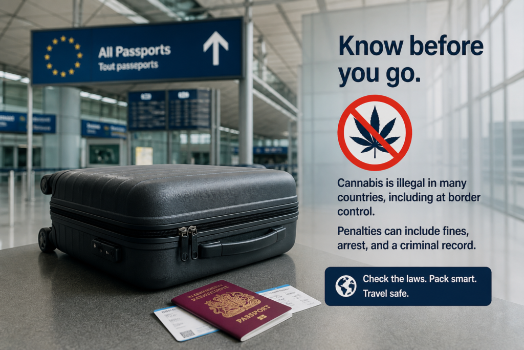 Suitcase and passport illustrating the risks of taking cannabis through Bilbao Airport