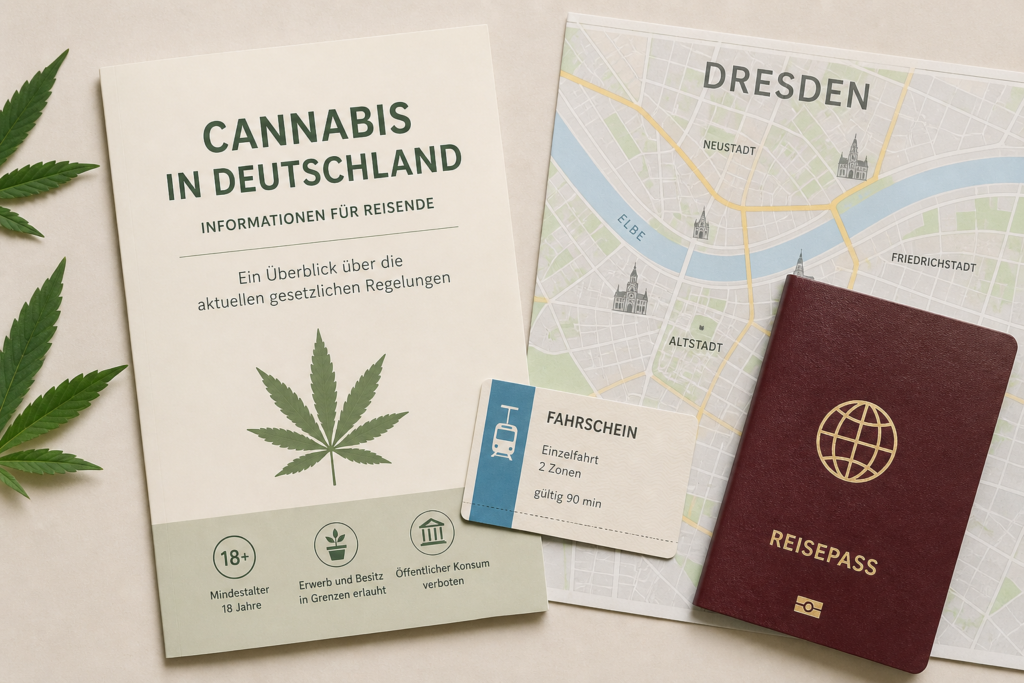 Travel documents and Dresden map illustrating German cannabis rules