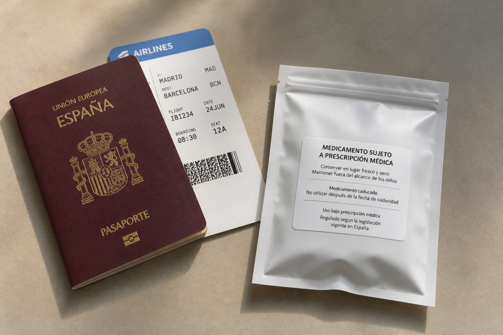 Travel documents and medicine packaging for a trip to Spain