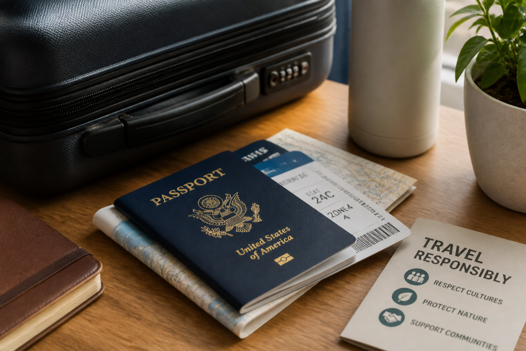 Travel documents and suitcase representing cannabis travel advice