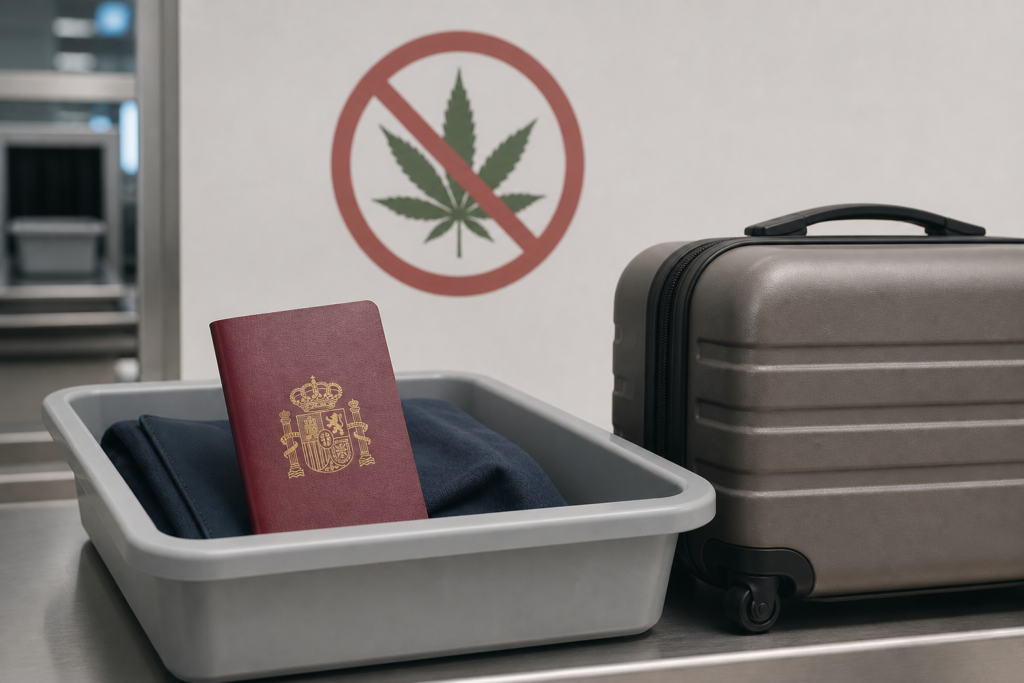 Travel luggage and airport security warning about transporting cannabis in Spain