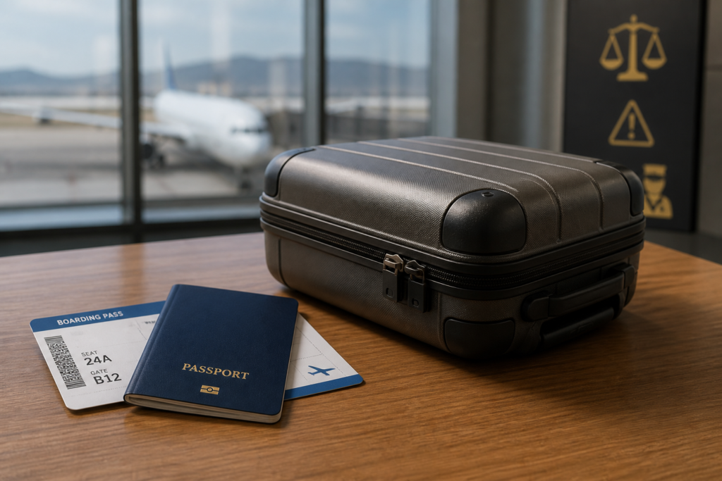 Travel luggage and boarding documents symbolising cannabis transport risks at Gran Canaria Airport