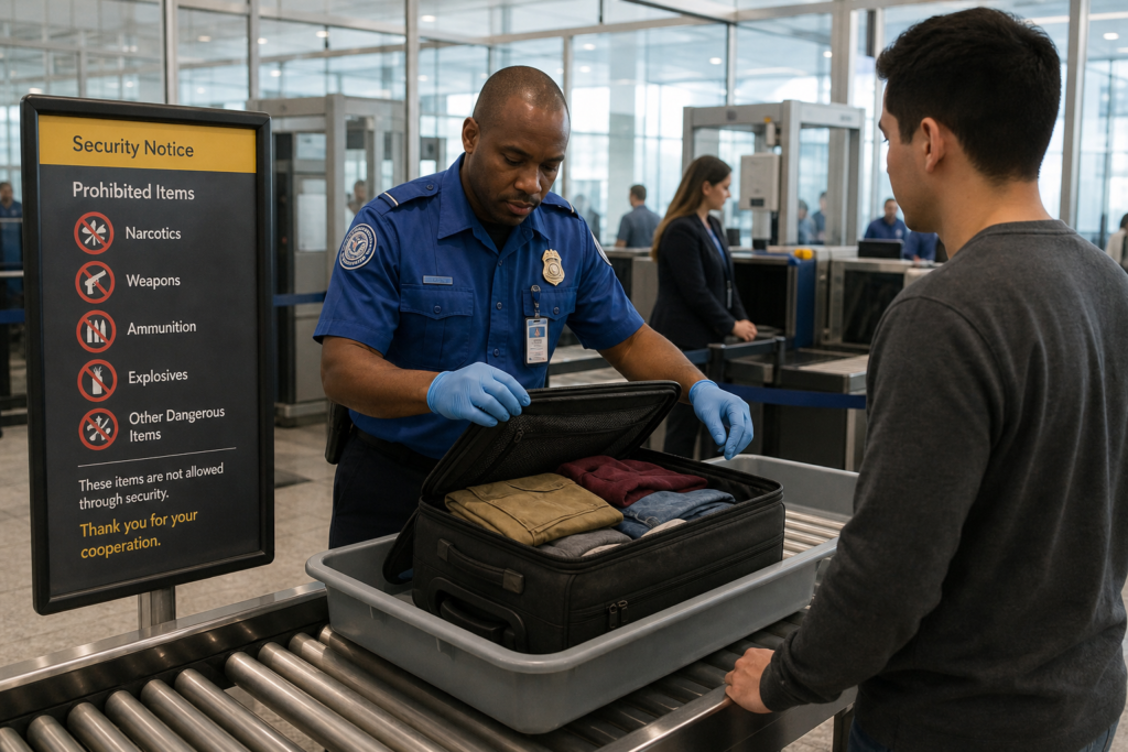 Travel luggage and border-security setting illustrating why cannabis should not cross international borders