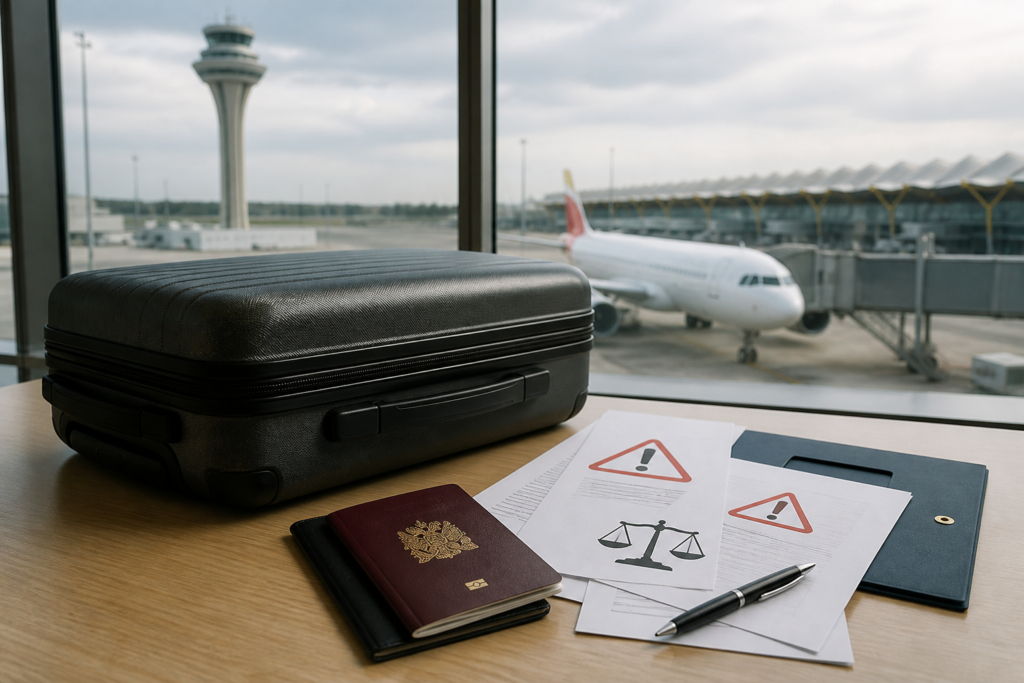 Travel safety concept showing a suitcase and legal documents near Madrid airport
