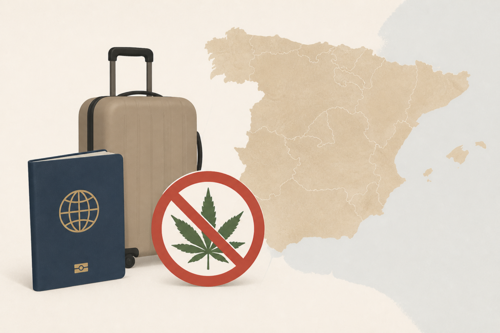 Travel safety illustration showing a passport, suitcase and a crossed-out cannabis symbol in Spain