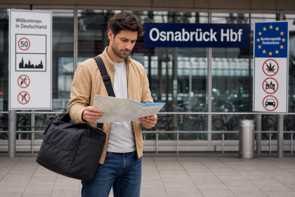 Traveler checking transport information in Osnabrück while following cannabis travel and driving rules
