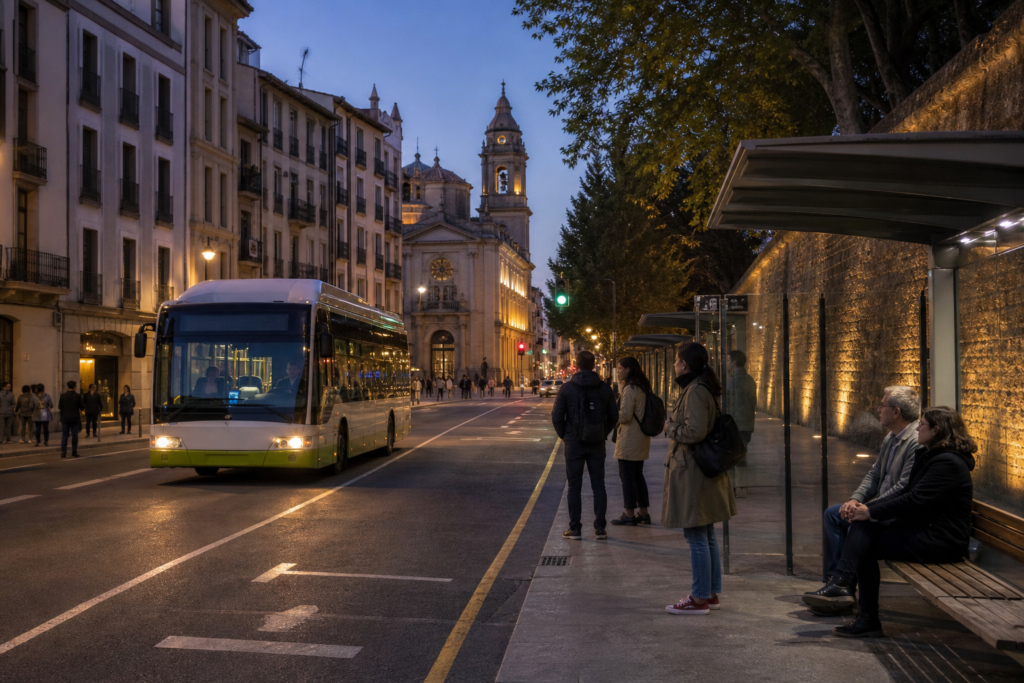 Travelers using public transport in Pamplona at night, illustrating safer visitor choices