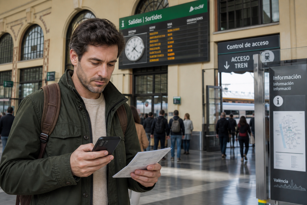 Traveller reviewing Spanish legal and travel information at a train station