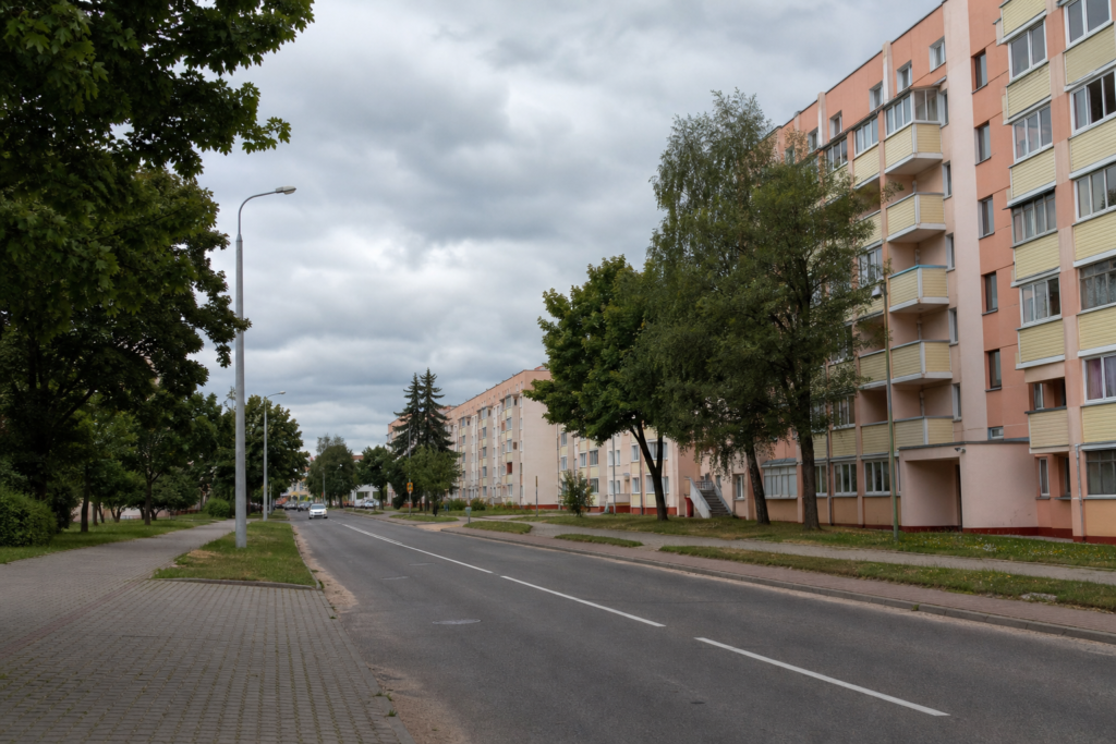 A quiet city street in Zhodzina, Belarus