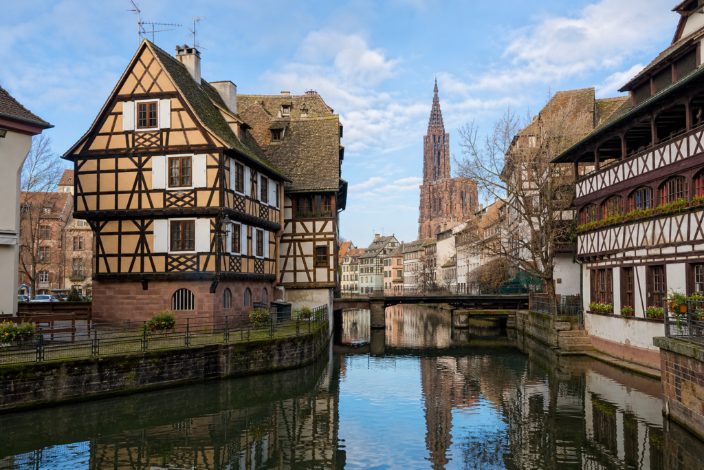 Canal and historic half-timbered buildings in Strasbourg, France